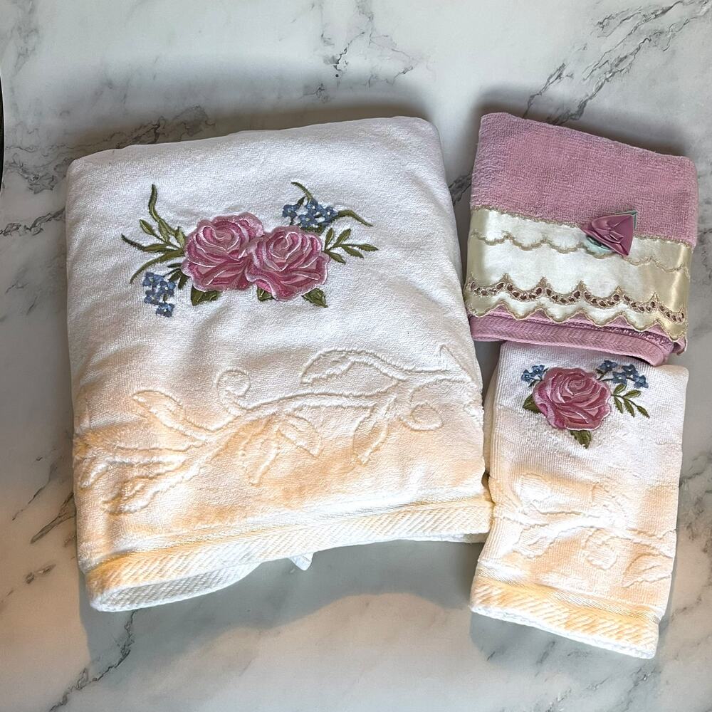 Vintage After Bath Luxury 3pc Towel Set Pink Rose Floral Made in USA